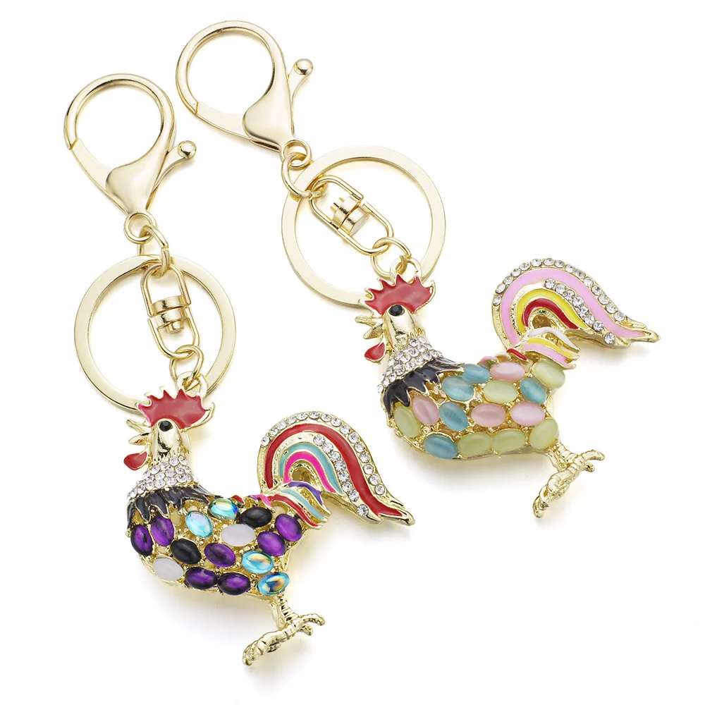 Pretty Chic Opals Cock Rooster Cute Chicken Keychains Crystal Bag Pendant Key ring Key chains Gift Jewelry Llaveros K131 new