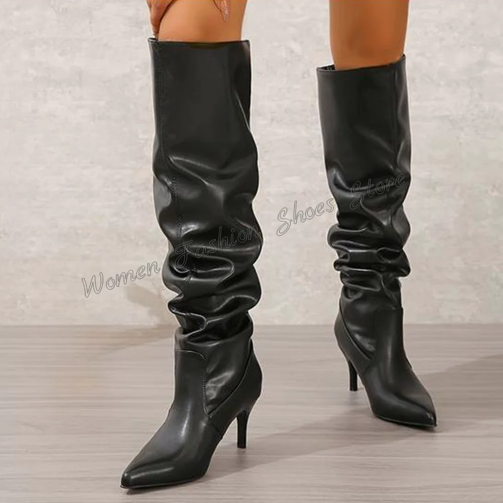 

Black Pleated Slip on Boots Stilettos High Heels Matte Leather High Heel Shoes for Women Heels 2024 New Zapatos Para Mujere