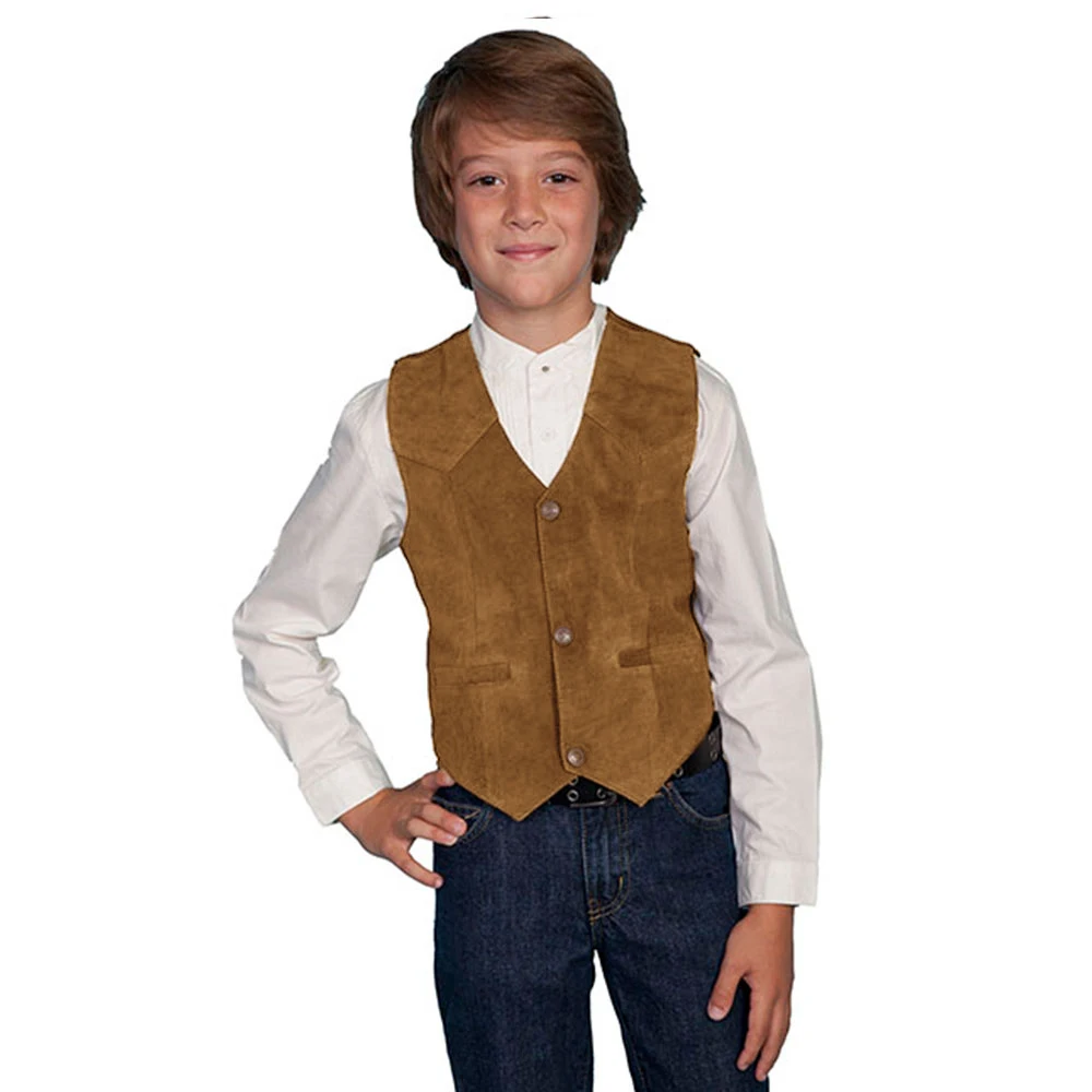 Chaleco informal de piel de ante para niño, chaqueta sin mangas, 3 botones, cuello en V, estilo vaquero del oeste