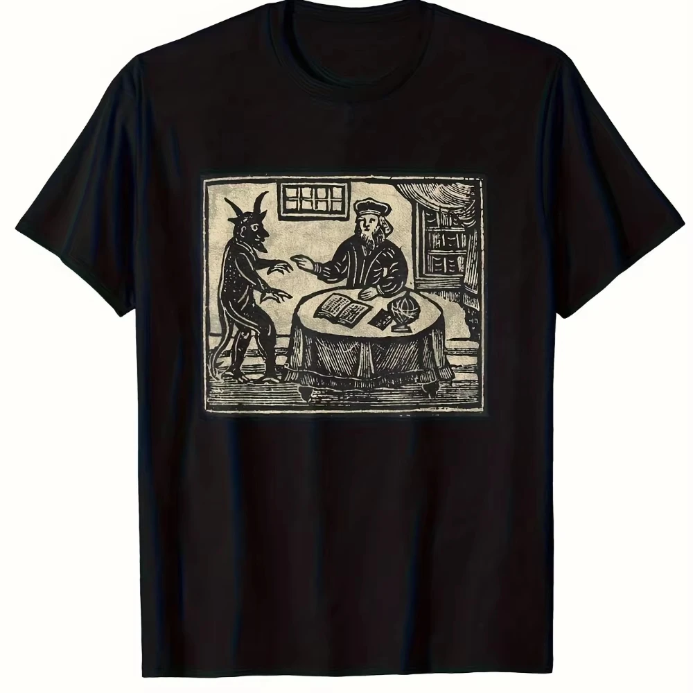 Men's Gothic Style Pattern-Shirt Demon Descartes Summoning Horror Beautiful Wooden Pole Print T Shirts Men's T-shirts for Summer