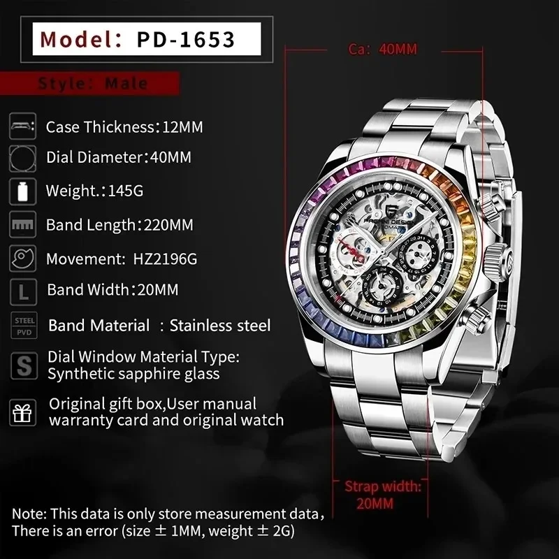 PAGANI DESIGN PD1653 Luxury Mens Quartz Watch Skeleton Dial Rainbow Gemstone Bezel HZ2196G Chronograph Stainless Steel Bracelet