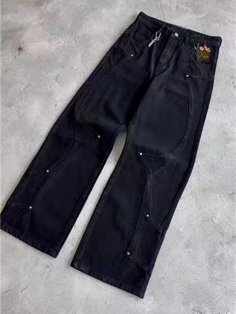 خمر التطريز فضفاض مستقيم الجينز رجالي خريف شتاء أنيق المرقعة سراويل جينز الرجال المألوف بلون جان