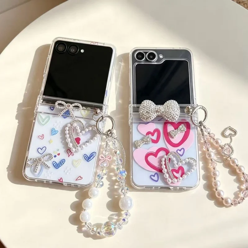 Luxury Heart Rhinestone Bow Sweet Phone Cover For Samsung Galaxy Z Flip 8 7 6 5 4 3 Z Flip 7 FE With Elegant Pearl Crystal Bead