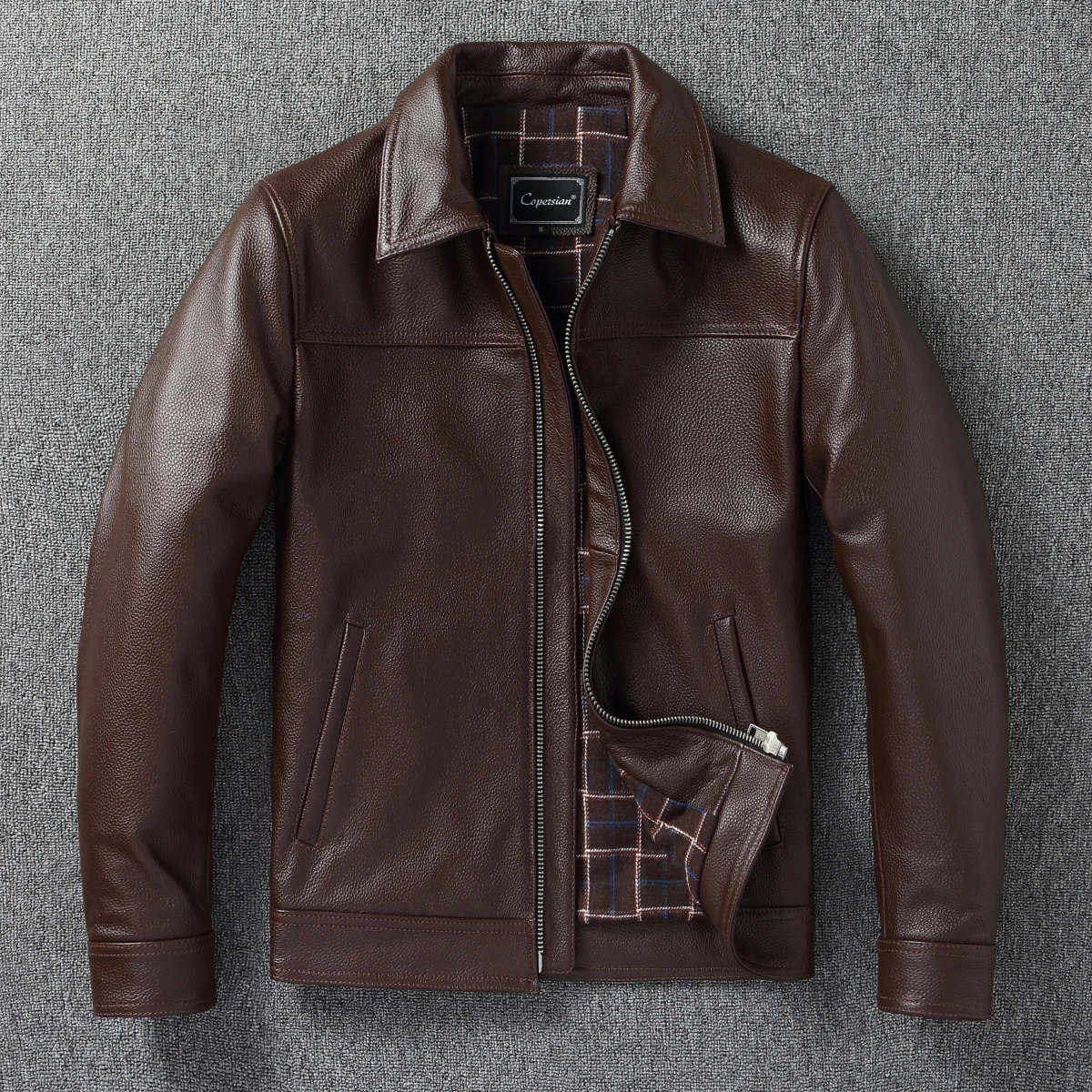 

Pure Top Layer Cowhide Leather Jaet Busin Casual Turn-down Collar ort Men's Leather Jaet Ele Brown Autumn Winter...