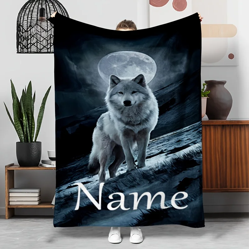 Personalized Wolf Blanket Moonlight Wolf Standing On Mountain Custom Name Dark Blue Background Soft Fleece Throw Gift For