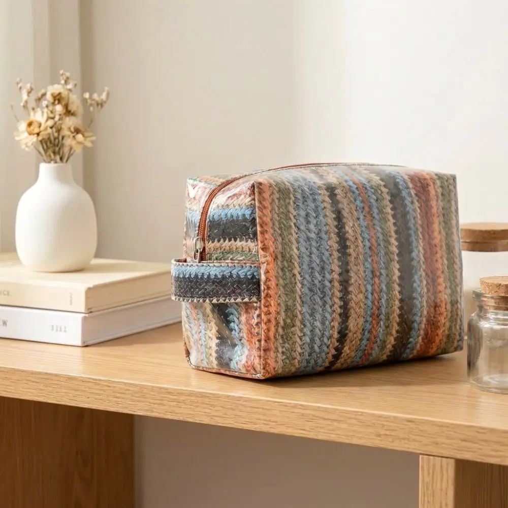 Imitation Straw Weave Pattern Portable Cosmetic Bag Waterproof Large Capacity Makeup Pouch Smooth Zipper Multipurpose Wash Bags