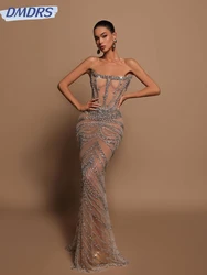 Squisito tubino lungo abito da ballo perline lucide strass abiti da cocktail sexy illusione abito da sera personalizzato Robe De Mariée