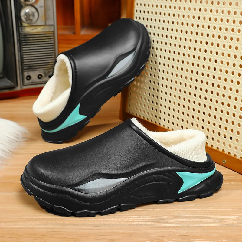 

Новые зимние мужские хлопковые тапочки, теплая обувь для мужчин, уличные домашние туфли на плоской подошве, мужские нескользящие водонепроницаемые домашние плюшевые теплые тапочки