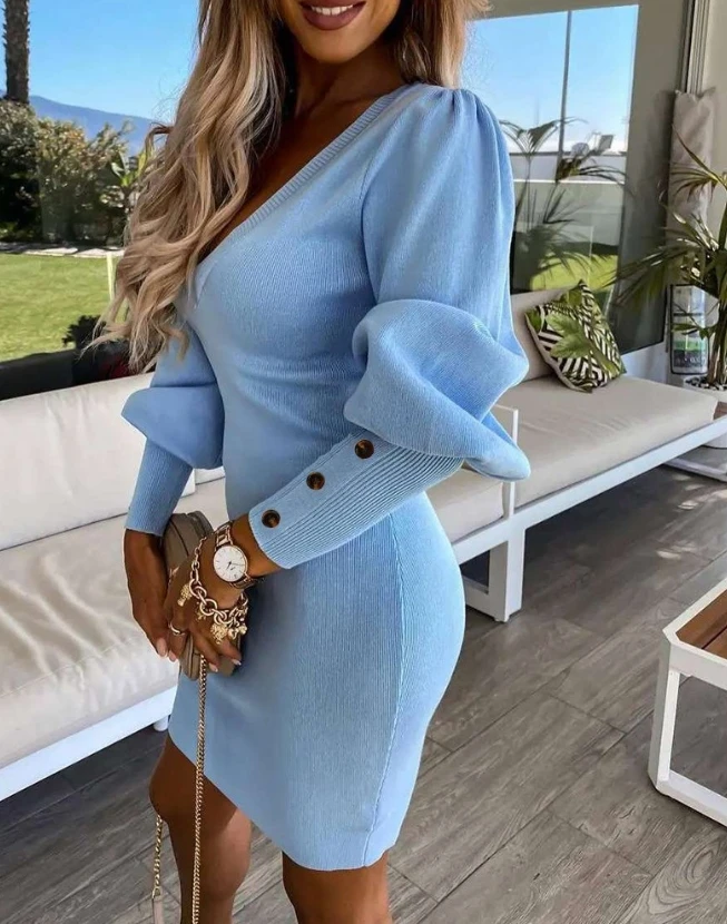 Elegant Skinny Dress for Woman 2023 Autumn Fashion Temperament Commuter Solid Puff Gigot Sleeve Buttoned Knit Bodycon Dress