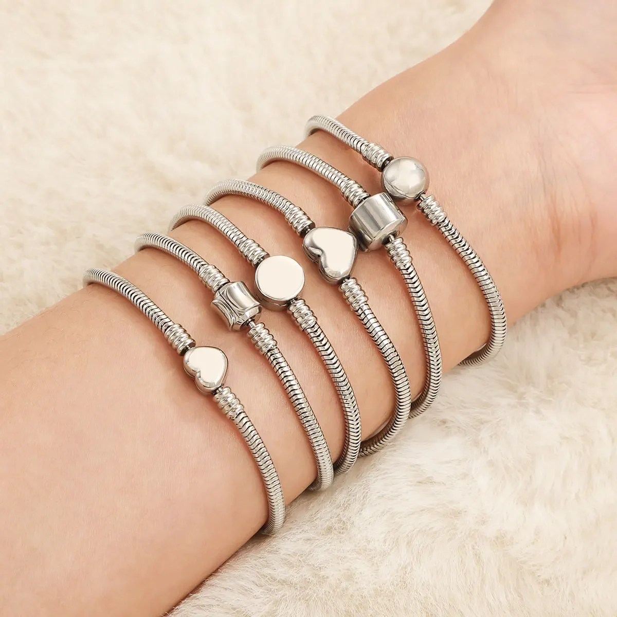 Stainless Steel Charm Bracelet Heart Clasp Snake Chain Hanging Bracelets Fit Charms Beads DIY Jewelry Making Supplies Wholesale