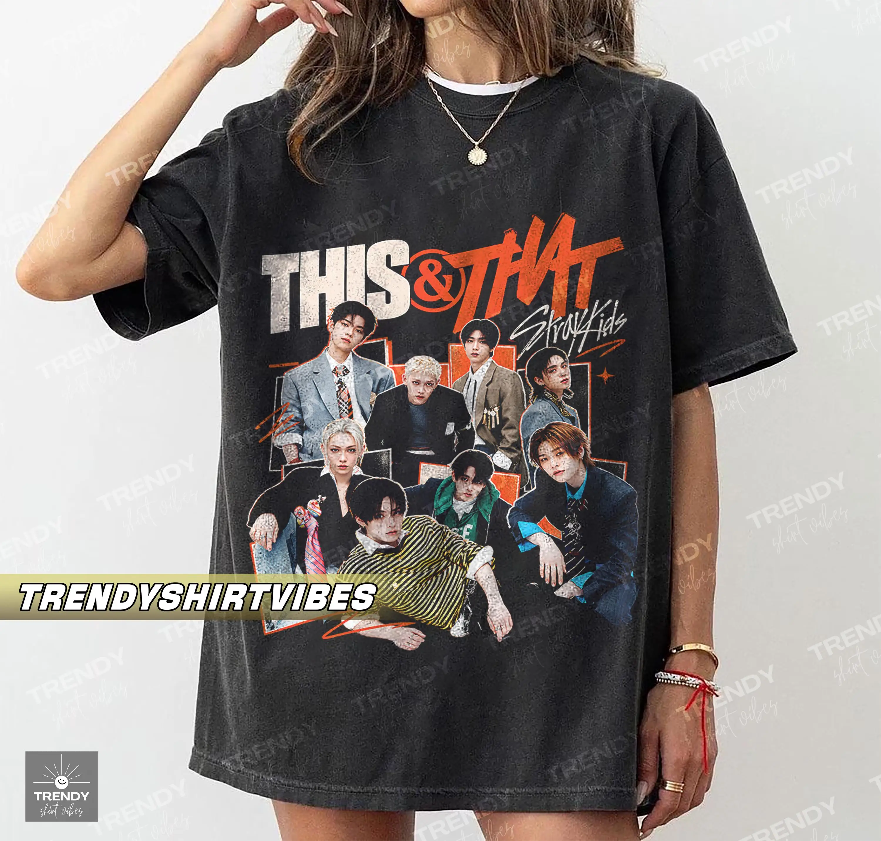 Stray Kids This & That Vintage Graphic T Shirt Kpop Retro Group Portrait Print Unisex Oversized Short Sleeve Tee Fans Merch