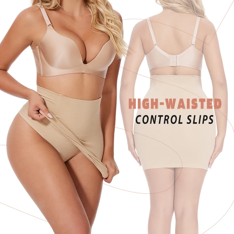 Built-in Thongs Control Slips Women Shapewear Tummy Control Smooth Body Shaper Half Skirts for Under Dress Butt Lifter Underwear