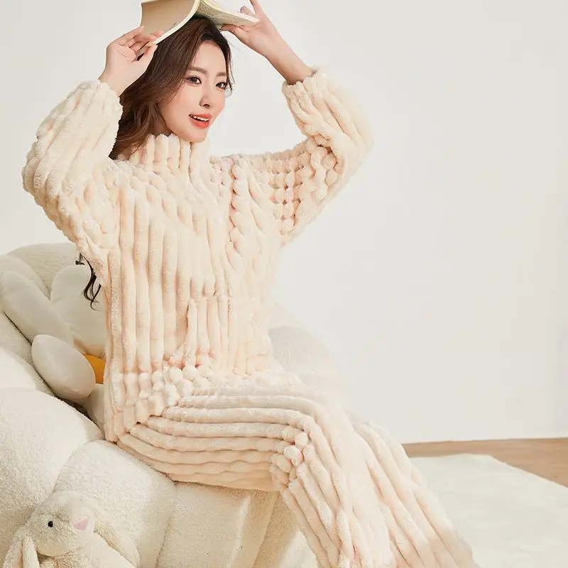 

Женские пижамы из кораллового флиса, фланели для девочек, утепленная осенне-зимняя флисовая подкладка, теплая домашняя одежда с длинными рукавами, домашняя одежда, домашняя одежда