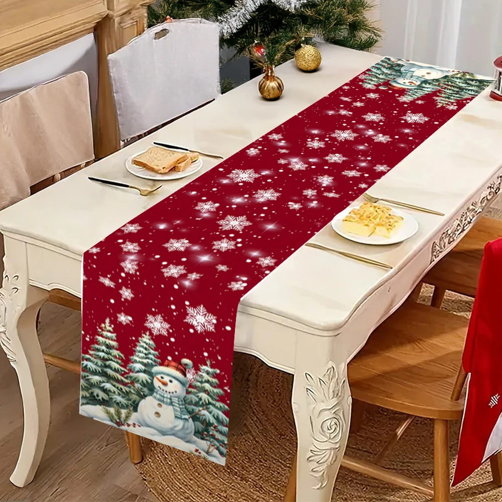 Christmas Snowman Xmas Tree Snowflake Table Runner Red Background Winter Holiday Farmhouse Dining Table Runner Home Christmas