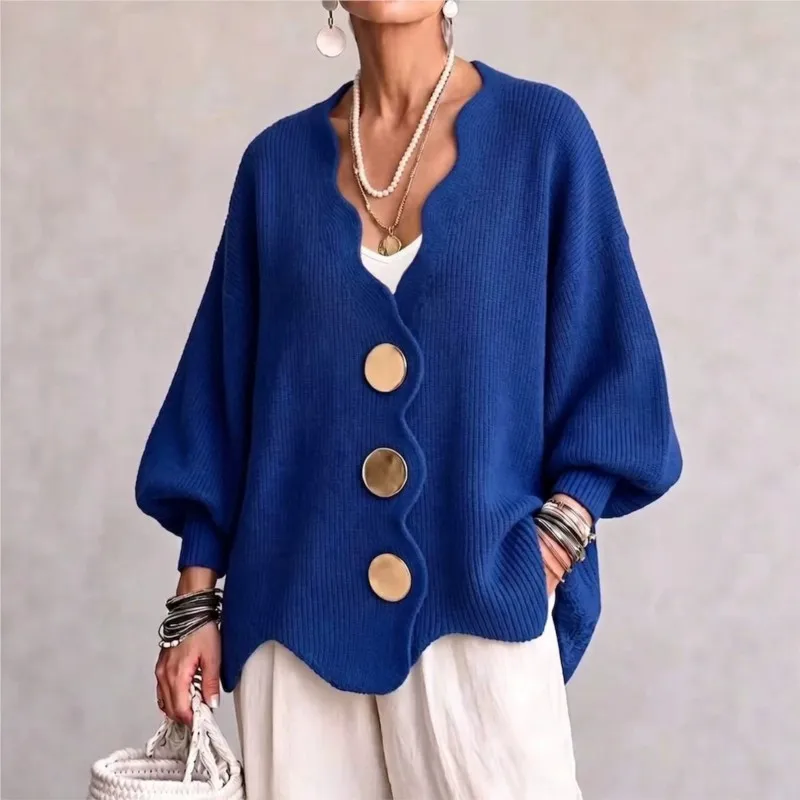 Women's Loose Big Button Knit Cardigan Jacket Simple Solid Color V-neck Loose Lantern Sleeve Sweater Lady Chic Warm Sweater Coat