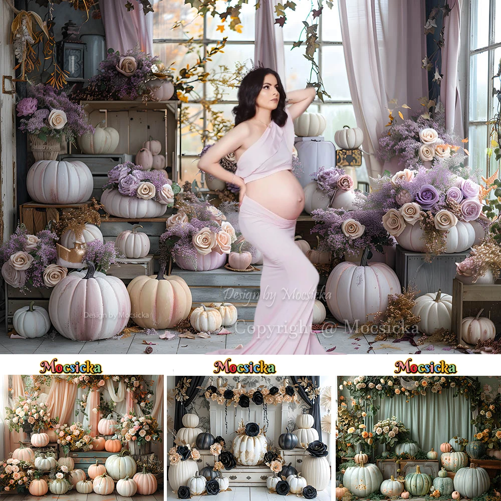 Mocsicka Pumpkin Baby Show Photography Background Autumn Floral Curtain Backdrop Maternity Newborn Birthday Art Photozone Studio