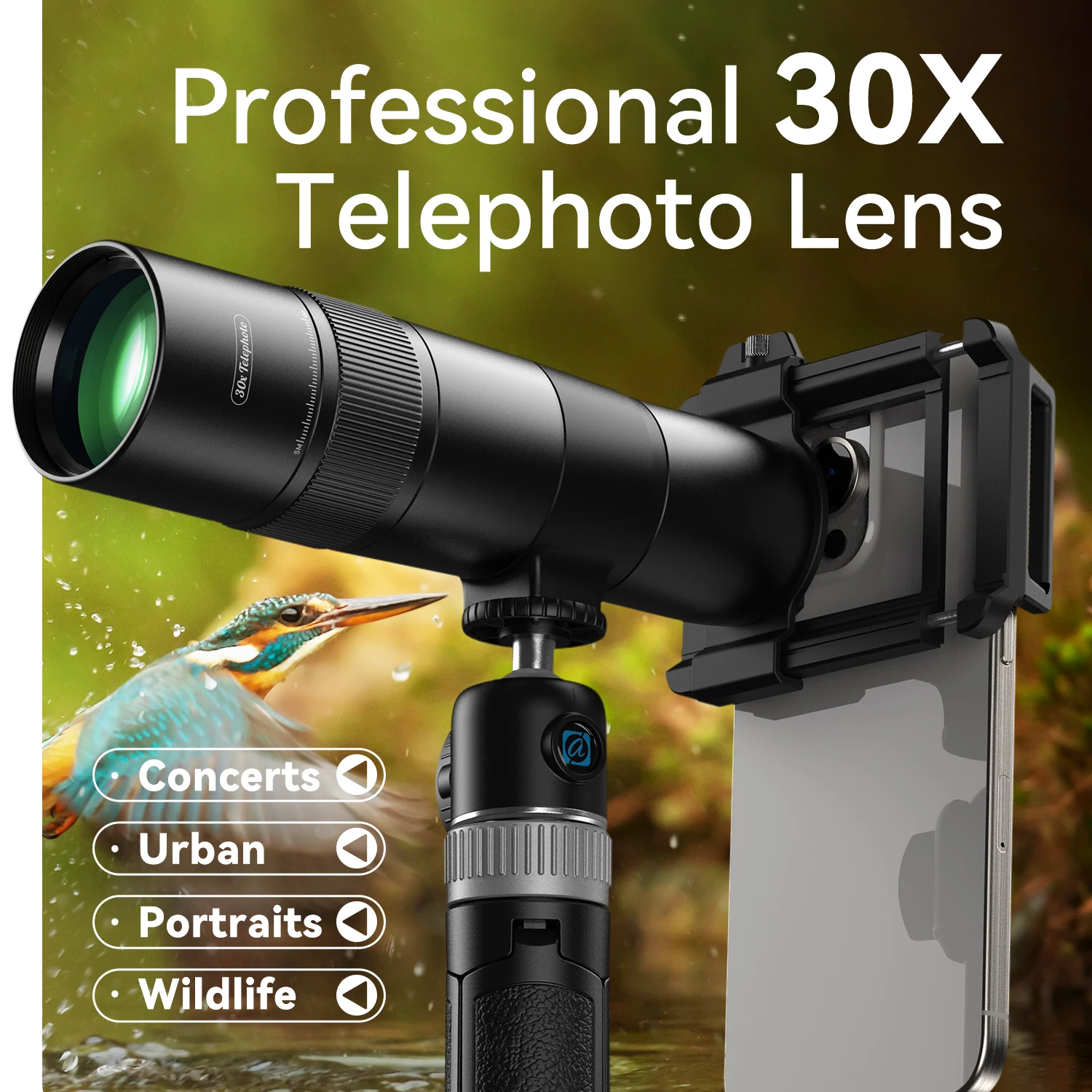 APEXEL 30x Ultra Telephoto Lens Monocular Universal Phone Professional Telescope with Tripod for Travel Camping Bird-watching
