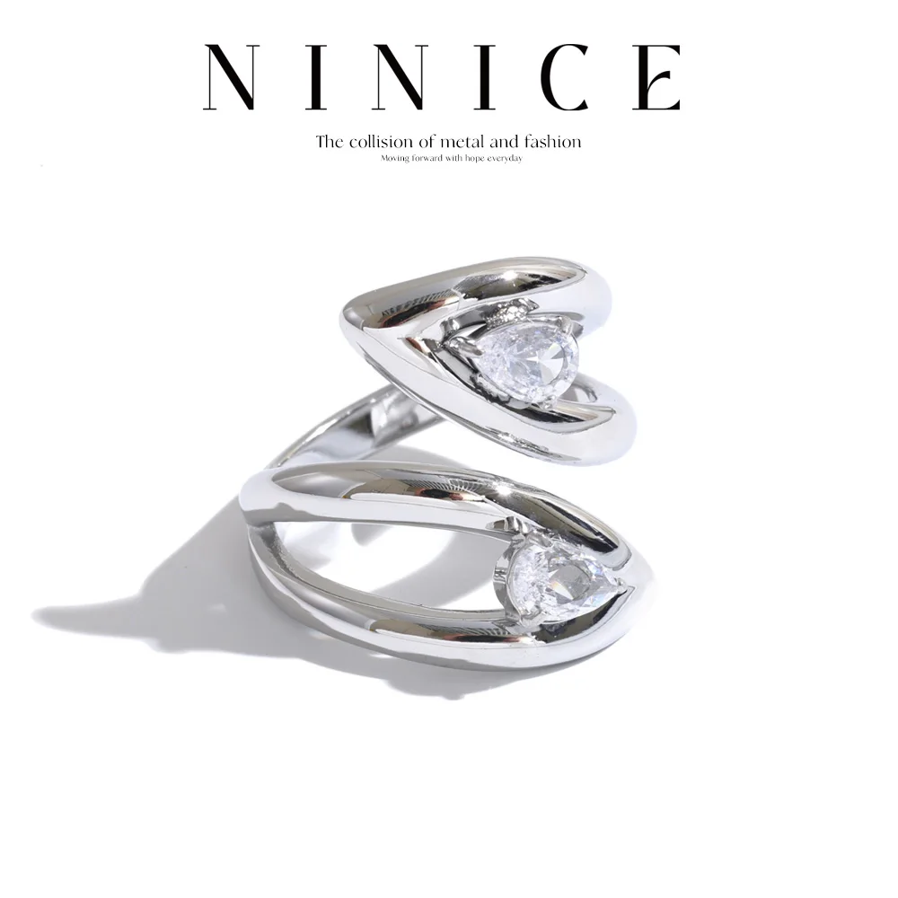 NiNice Edelstahl 16K PVD-beschichteter Tropfenförmiger Zirkonia Offener Wickelring Trendiger Statement-Schmuck für Frauen Geschenk