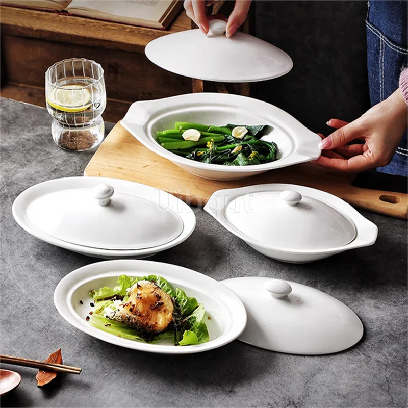 Vajilla elíptica, plato blanco de cerámica ovalado con tapa, taza de verduras, hotel creativo, restaurante, queso, arroz al horno, tazón profundo