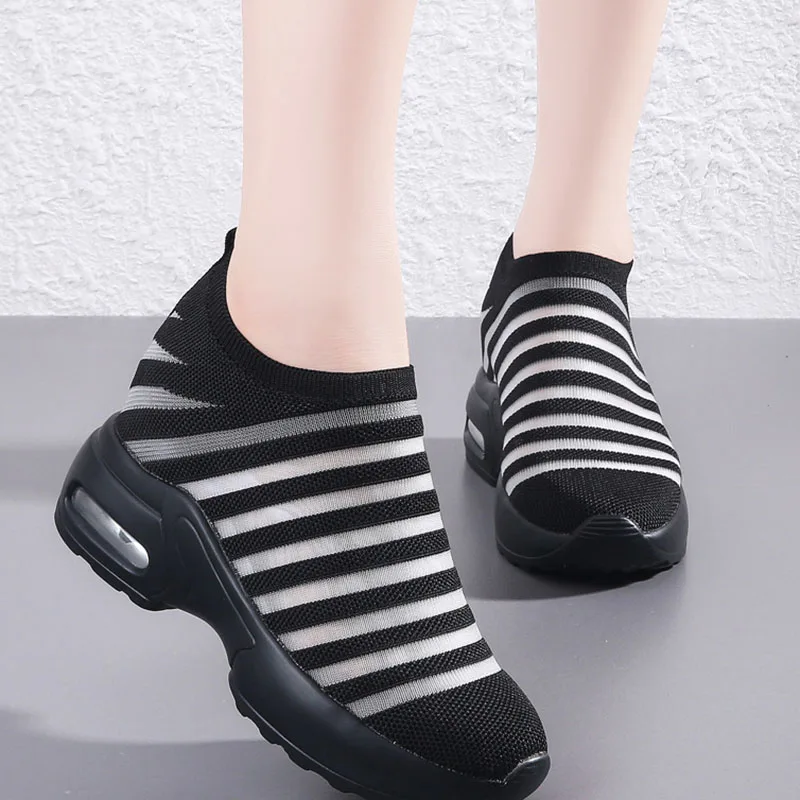Women's Dancing Sneakers Walking Fly Weaving Sock Sneakers Breathable Comfortable Nursing Shoes Casual Platform Loafers Non-Slip