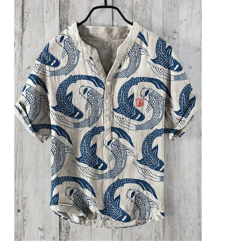 Hawaiian style casual shirts for men and women, summer short-sleeved shirts, fashion social travel holiday shirts, fish pattern