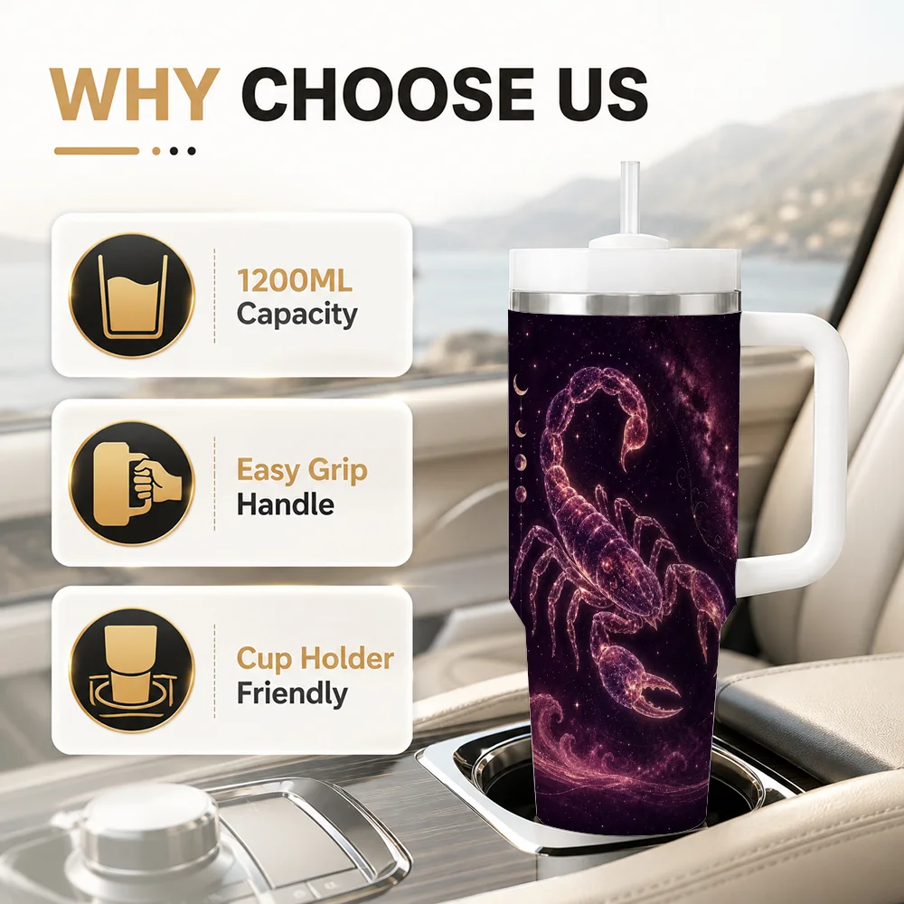 Twelve Zodiac Classic Astrology Art Vacuum Flasks 40oz Insulated Tumbler with Handle, Straw and Lid, Stainless Steel Travel Cup