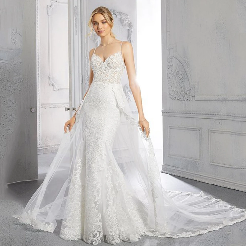 Elegante abito da sposa con scollo a v senza spalline doppia spalla Sexy aperto indietro Illusion Appliques sirena con abito da treno trasparente