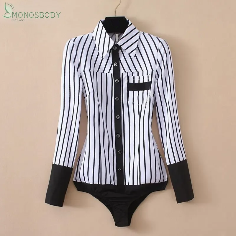 2024 New Elegant Striped Bodysuits for Women Fashion Body Shirt Business Rompers Office Lady Overalls Work Wear Blouses and Tops