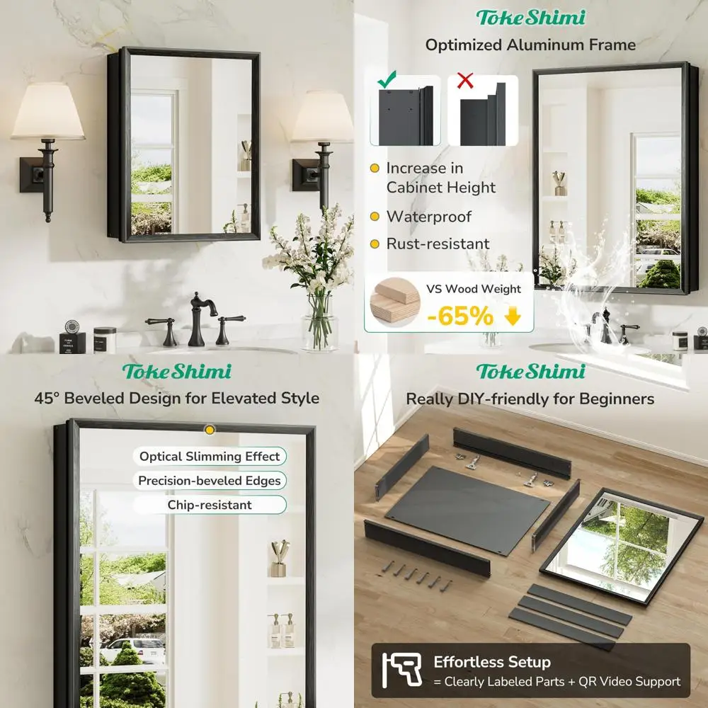 

Black 14x18 Recessed Medicine Cabinet with Mirror, Adjustable Shelves, Assembled by User