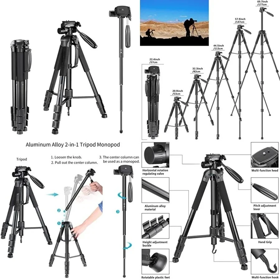 

Portable Aluminum Alloy Camera 2 in 1 Tripod Monopod Max. 70"/177cm with 3 Way Swivel Pan Head and Carrying Bag for DSLR, DV Video Camcorder (SAB264, Black)