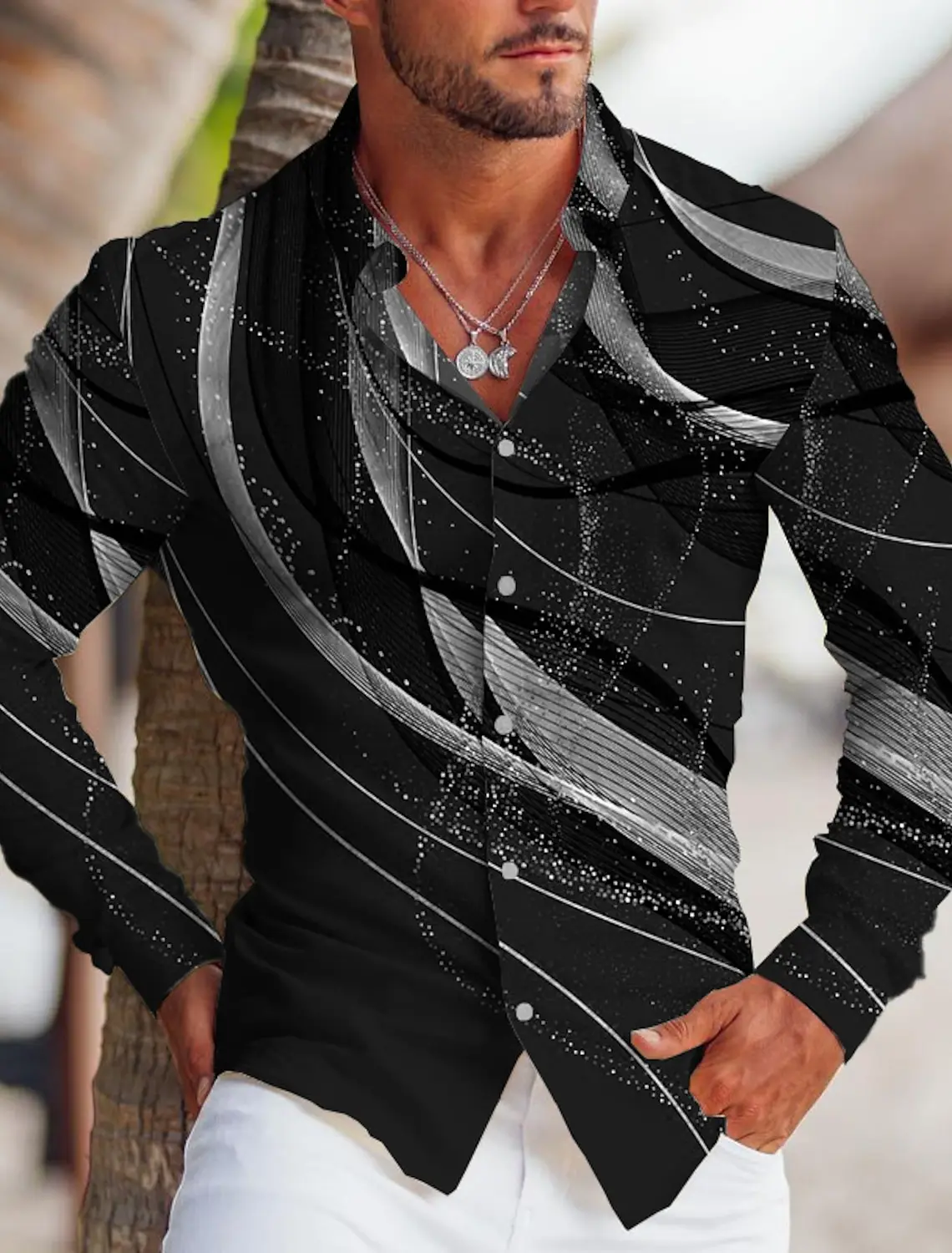 Camisa de manga larga con estampado de solapa lineal para hombre, ropa de calle al aire libre, botón de fiesta a rayas, moda