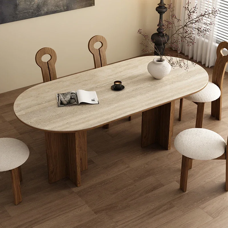 

Medieval travertine rock slab dining table solid wood living room Nordic retro style key chair oval dining table