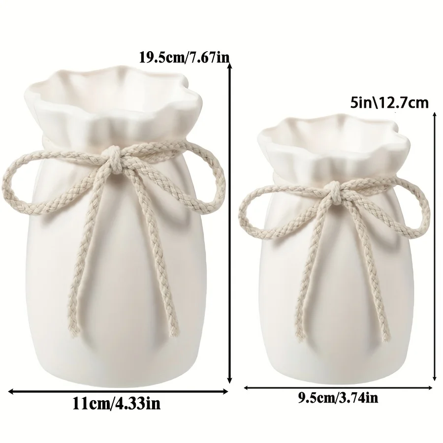 2pcs Pleated Jute Vase Cloud Rim Ceramic-like,Shatterproof for Entryway Table, Dried Fake Flowers, Nordic Farmhouse Decor