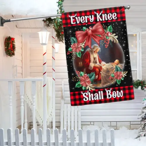 Santa Claus Kneeling With Baby Jesus Every Knee Shall Garden Flag - House Flag