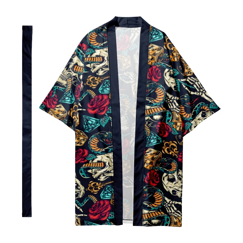 Men's Japanese Traditional Skull pattern Stripes Long Kimono Cardigan Samurai Bathrobes Kimono Shirt Yukata Jacket 2