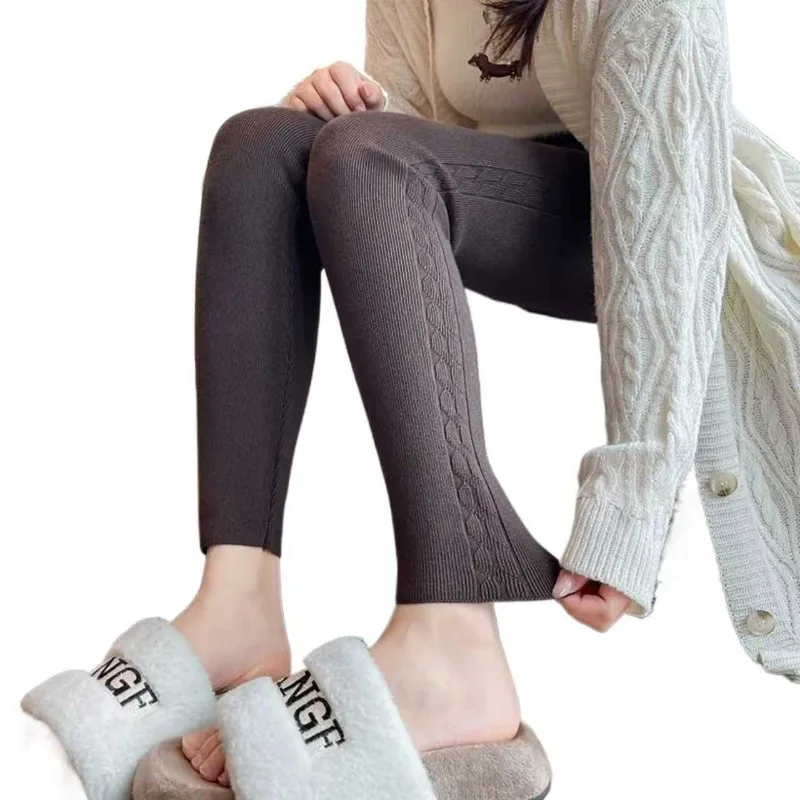 Jacquard Striped Knitted Panties Fall and Winter New High-waisted Versatile Tight Elastic Inner and Outer Wear Small Feet Pants