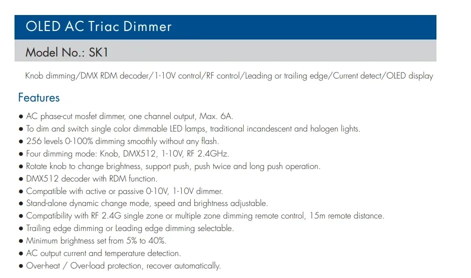 RF AC Triac Dimmer SK1 110V-220VAC 1CH*6A OLED 600W-1440W 2.4GHZ RF Knob DMX512 Decoder Dimming For LED Dimmable Lamp Lights