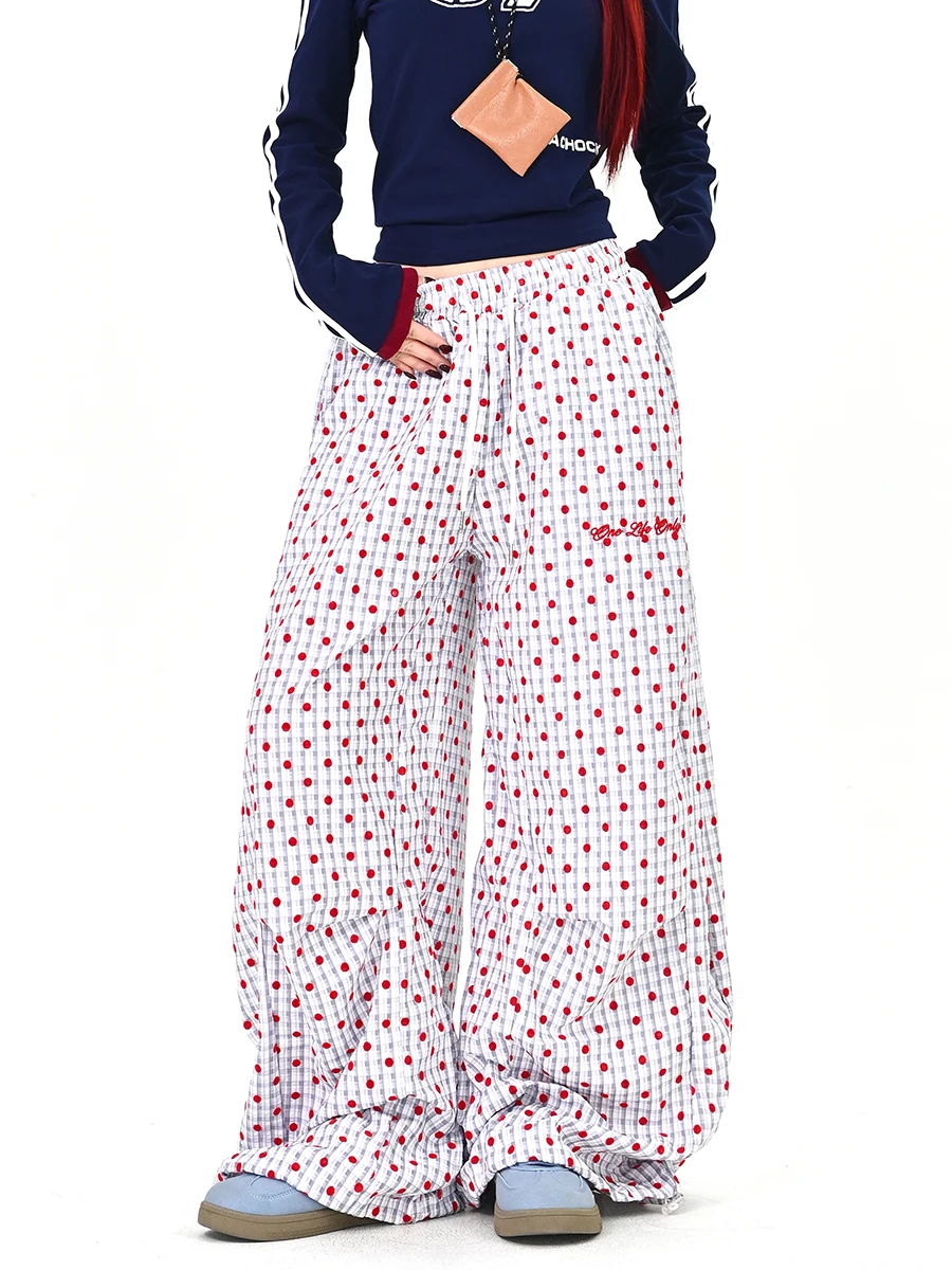 

Повседневные женские брюки в клетку с широкими штанинами, весна 2026, свободные, в американском ретро-стиле, с принтом в горошек, прямого кроя