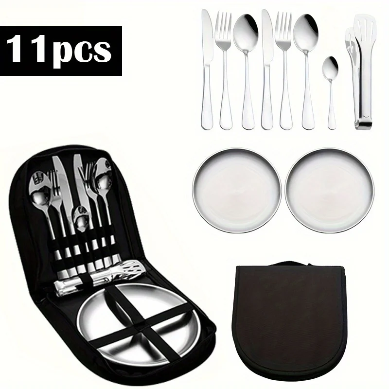 11pcs-stainless-steel-camping-cutlery-set-lightweight-outdoor-dining-tools-including-plates-forks-spoons-for-hiking-travel