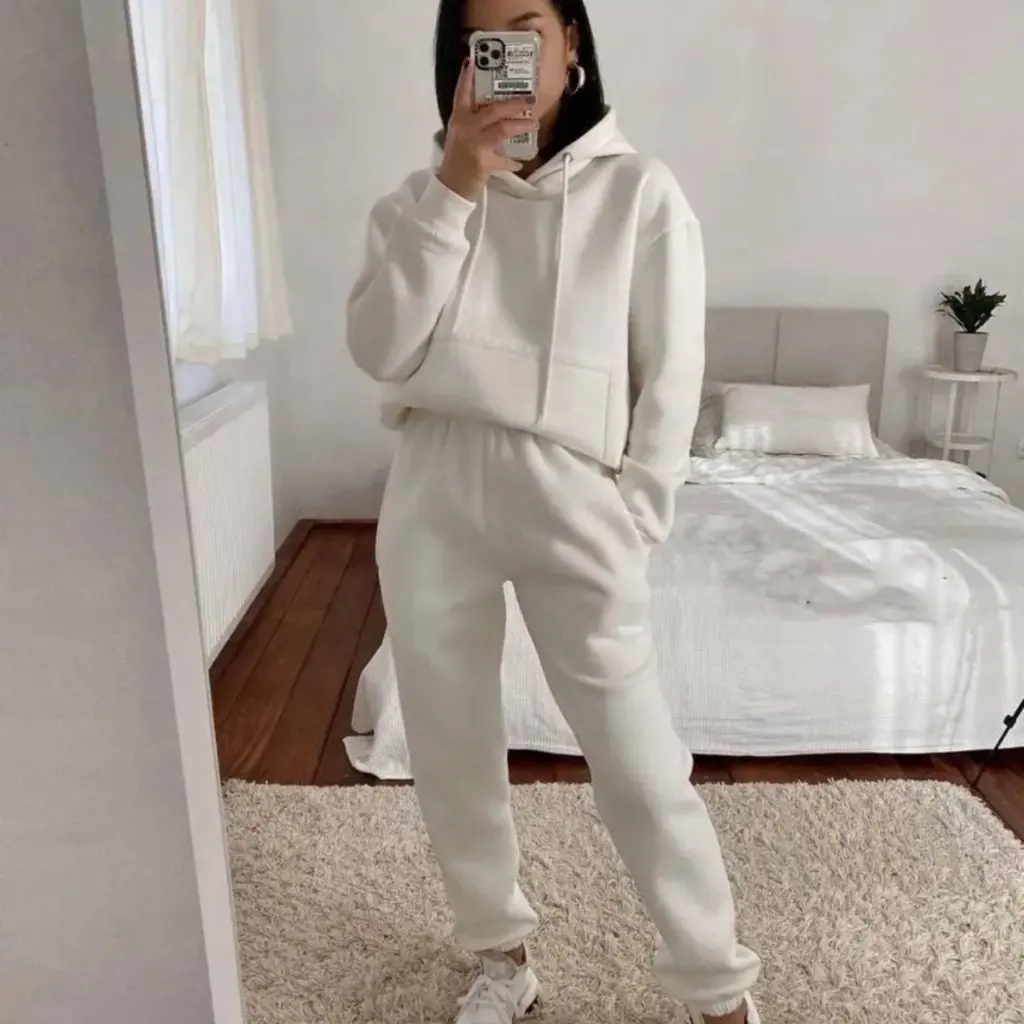 

Pure Color Sports Suit Two-Piece Set Casual Hooded Long-Sleeved Sweatshirt with Flap Pocket European And American Style Women's
