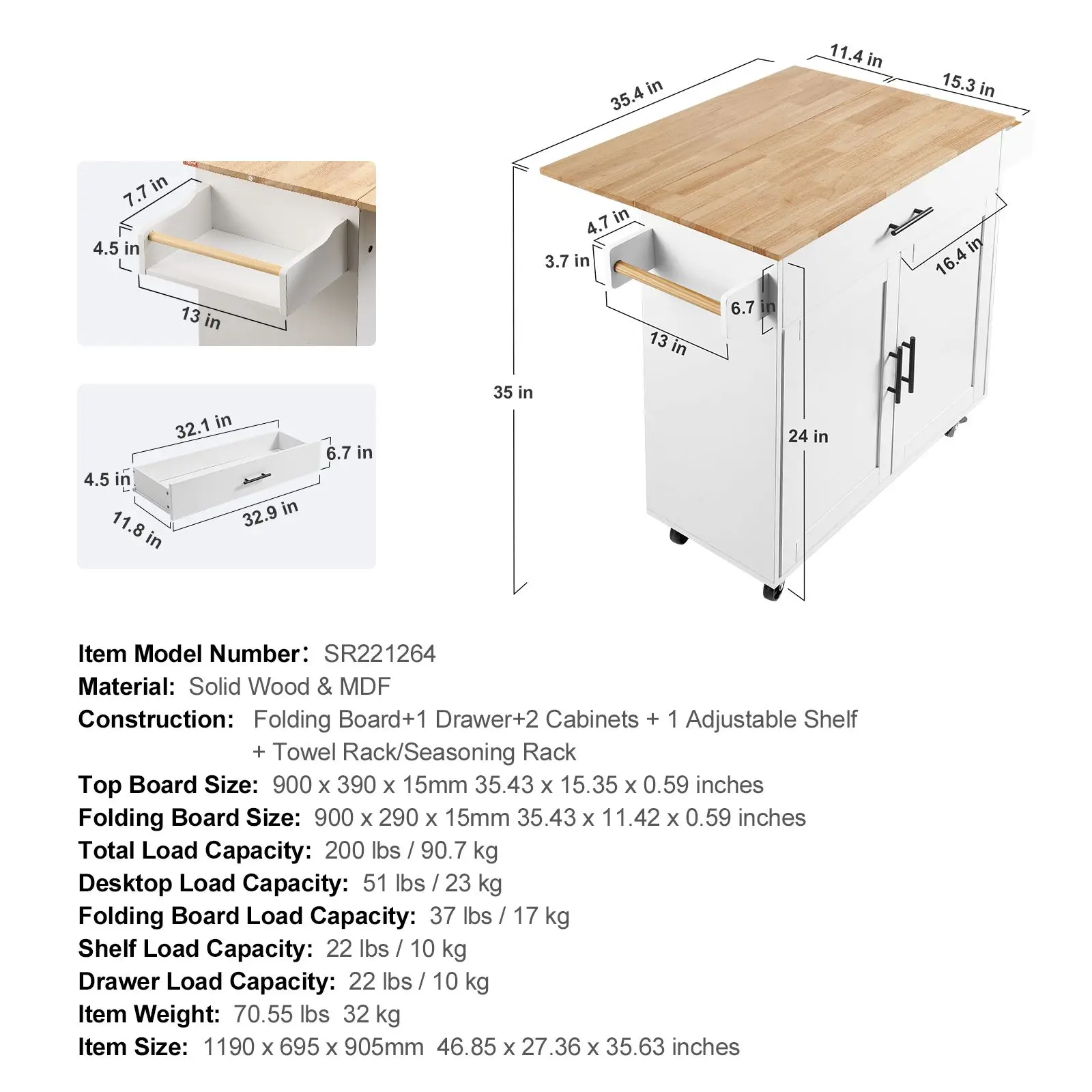 Kitchen Island Cart with Solid Wood Top, 35.4