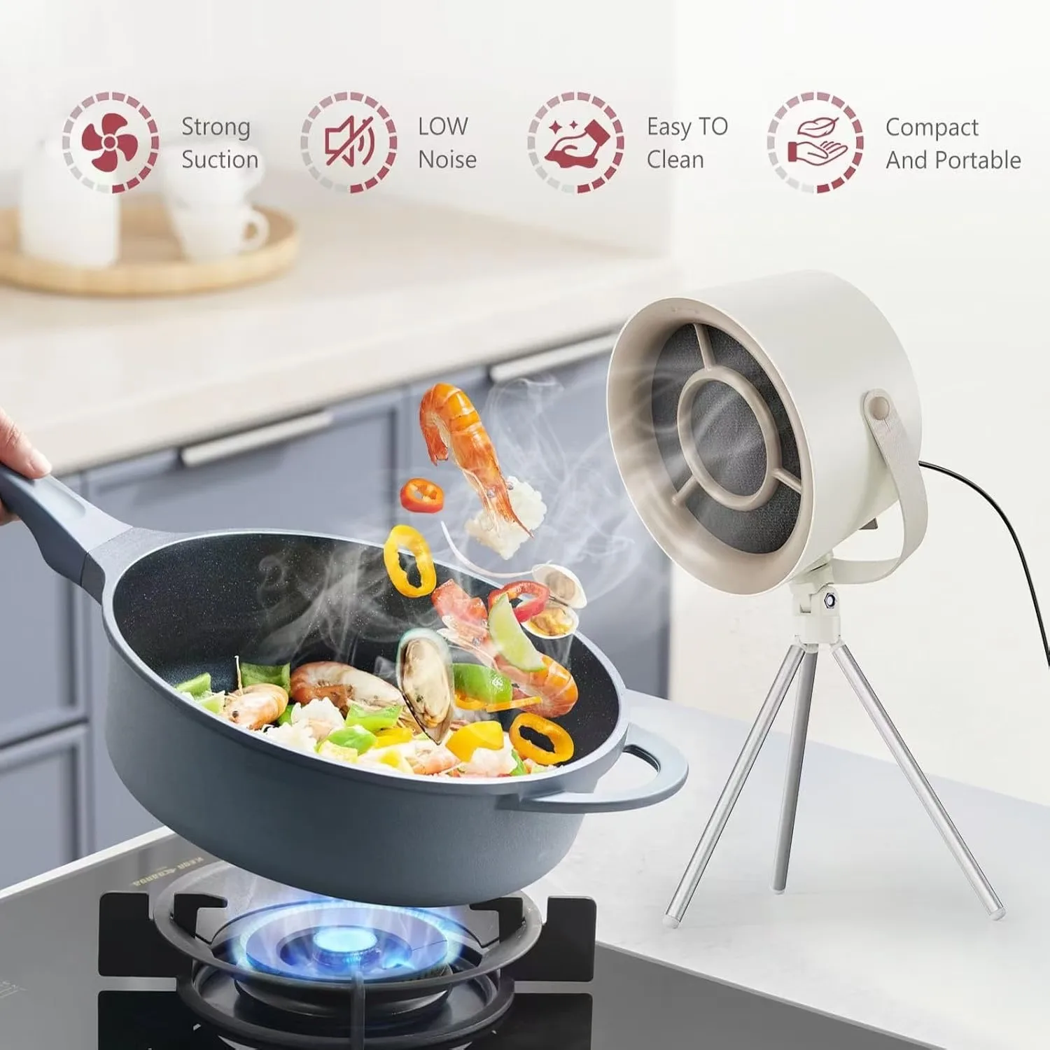 

Portable Kitchen Exhaust Fan-Desktop Range Hood with 3 Speeds & 5 Filters, Strong Suction for Indoor BBQ & Hot Pot