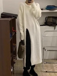 Autumn Winter O-Neck Casual Loose Knitted Dress Female Straight Long Sleeve Oversize Sweater Womens Long Dress Split hem