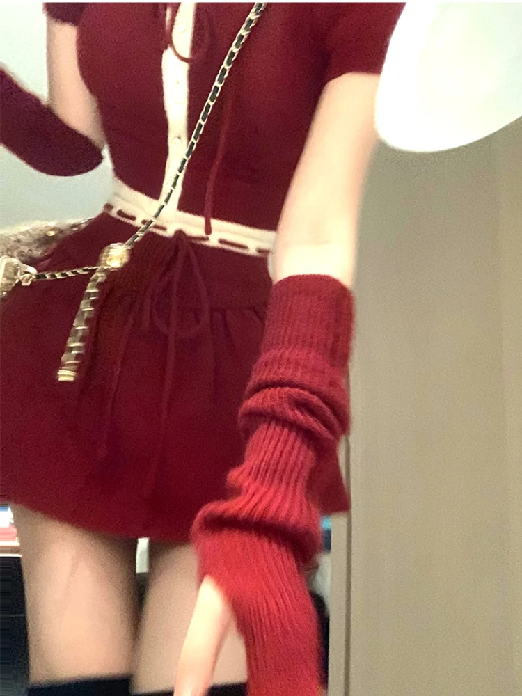 Winter Red Warm Christmas Knit Two Piece Set Women Korean Fashion Sweater Mini Skirt Suit Female O Neck Retro New Year Set 2023