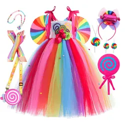Lollipop Candy Dress Costume Sweet Girl Carnival Purim Apparel Toddler Rainbow Colorful Tutu Off Shoulder Princess Party Frocks