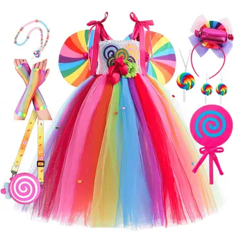 Pirulito doce vestido traje doce menina carnaval purim vestuário criança arco-íris colorido tutu fora do ombro princesa festa vestidos
