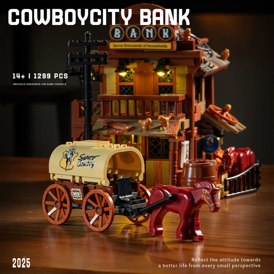 

MOC American Western Cowboy City Bank Bar Hotel Gas Station Building Blocks Assembling Street View Adult Bricks Toys Kids Gifts