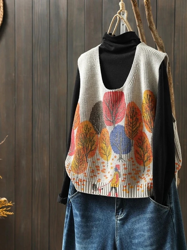 

Ретро-жилет из хлопкового трикотажа с цветочным принтом, свободный крой, женский, осенне-зимний, с V-образным вырезом, для многослойных образов, модный топ