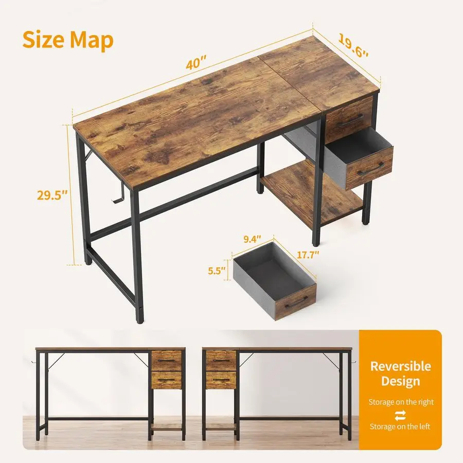 Computer Desk with 2 Drawers, 40 Inch Small Home Office Desk Study Writing Table, Rustic Brown