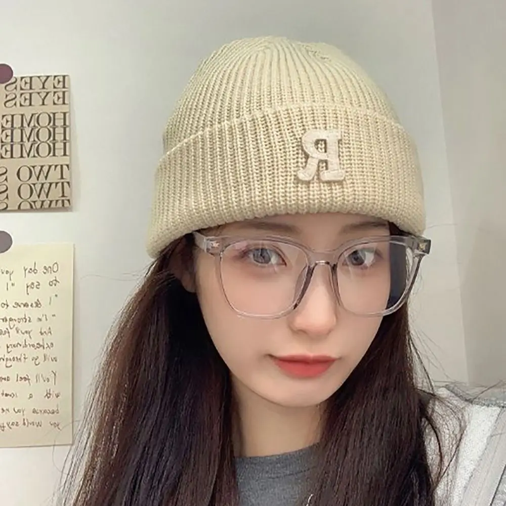 Brief Stickerei Fleece Warme Gestrickte Hut Mode Weiche Winter Warme Häkeln Hüte Woolen Garn Verdicken Beanie Frauen Mädchen Maiden